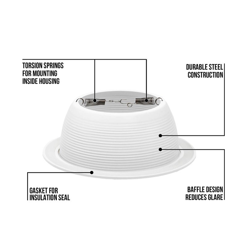 PROCURU [6-Pack] 6" Metal Recessed Can Light Trim Cover, Step Baffle with Ring, White (Trim Only, Bulb Not Included) - Image 2